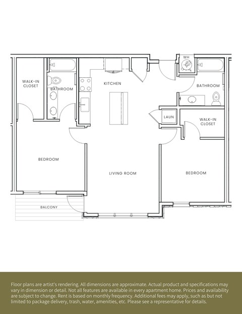 A floor plan of an apartment with a living room, kitchen, two bedrooms, and a balcony.